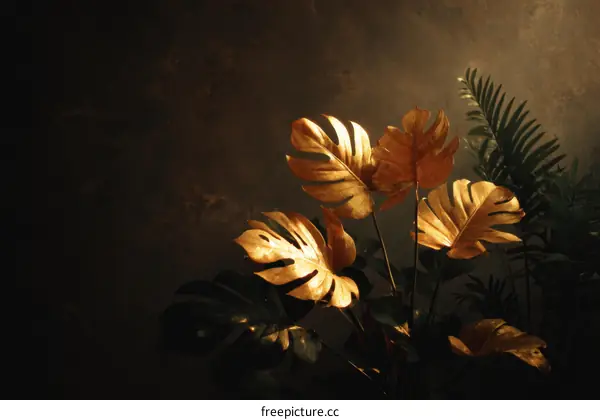 Golden Tropical Leaves in Dark Background