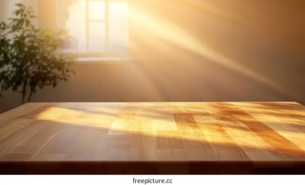 Sunlight Through Window on Wooden Table Top