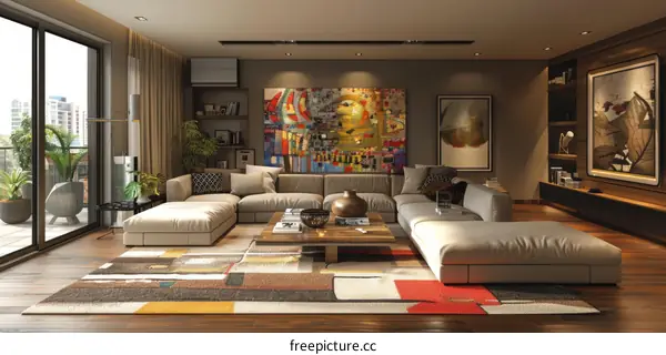 Modern Minimalist Living Room with City View and Balcony