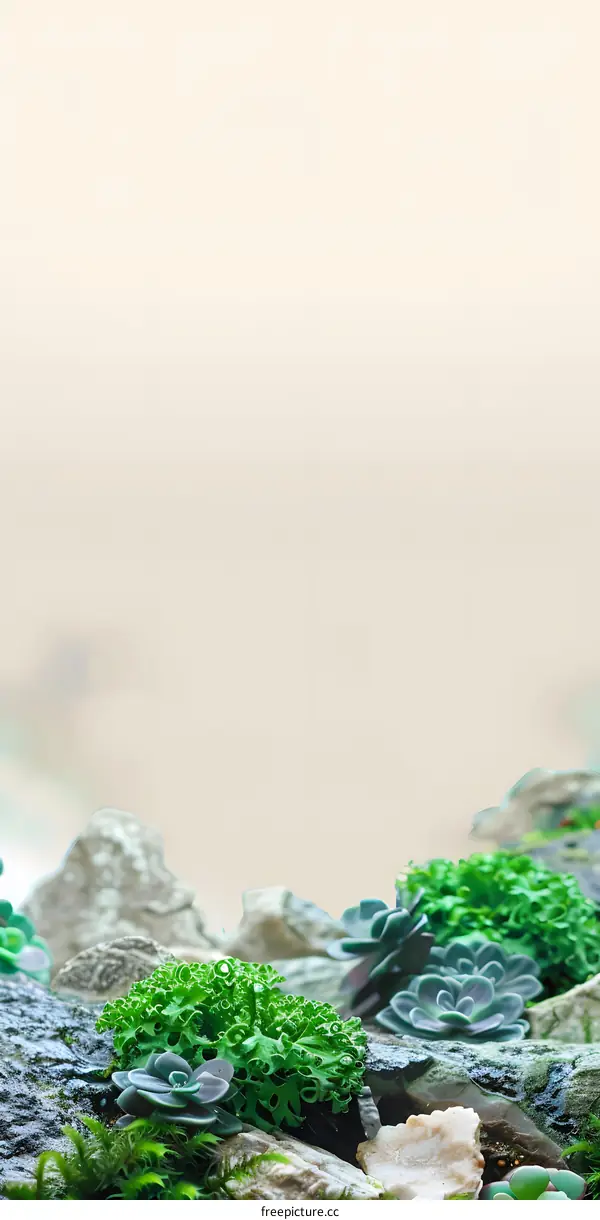 Green Succulents and Moss on Rocks With a White Background