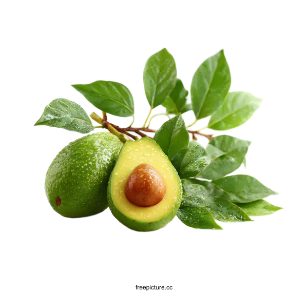 [Transparent Background PNG]Fresh Avocado with Leaves Close-up