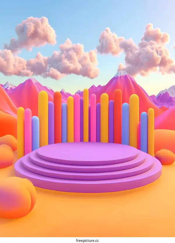 Abstract 3D Purple Platform with Pink and Orange Mountains