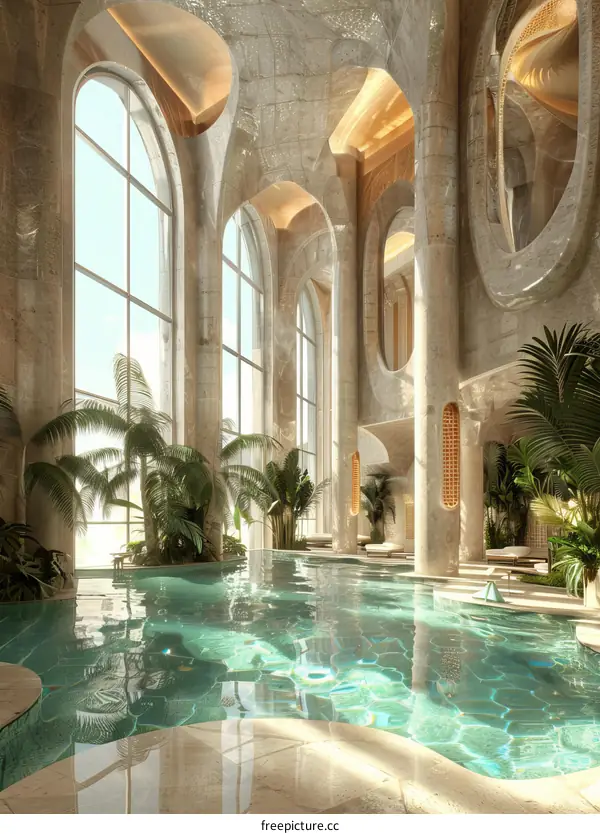 Luxurious Indoor Swimming Pool with Lush Tropical Plants