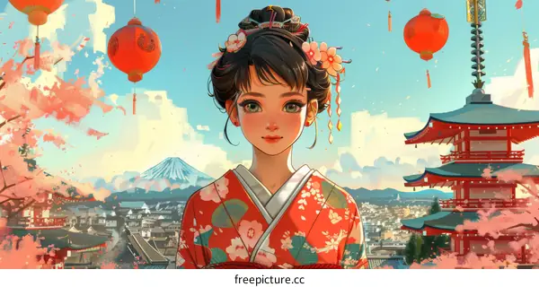 A young woman in a kimono standing in front of a Japanese temple.