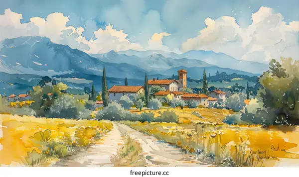 watercolor painting of a rural Italian landscape