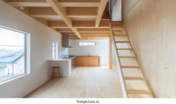 Modern Wooden House Interior Design With Exposed Beams and Wooden Stairs