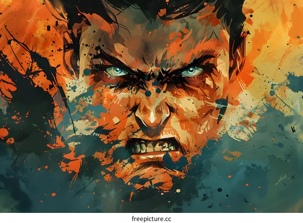 An illustration of a mans face with a fierce expression.