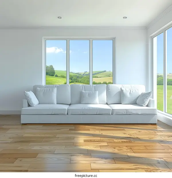 Modern Farmhouse Living Room with White Sofa and Large Windows