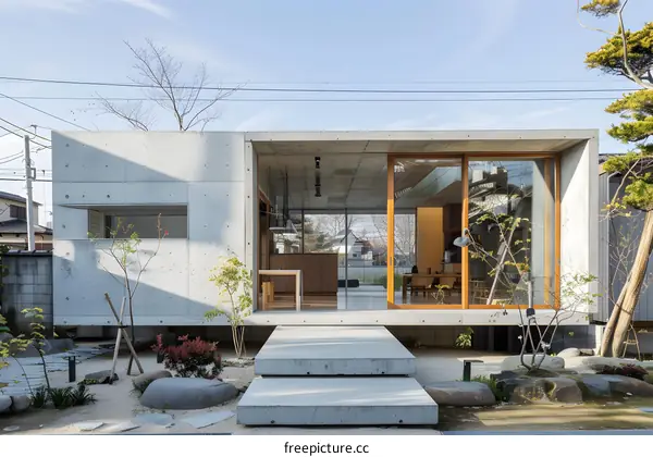 Modern Concrete House with Wooden Doors and Garden