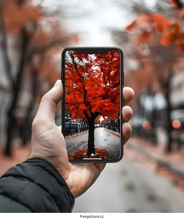 Hand Holding Smartphone with Red Autumn Tree Background