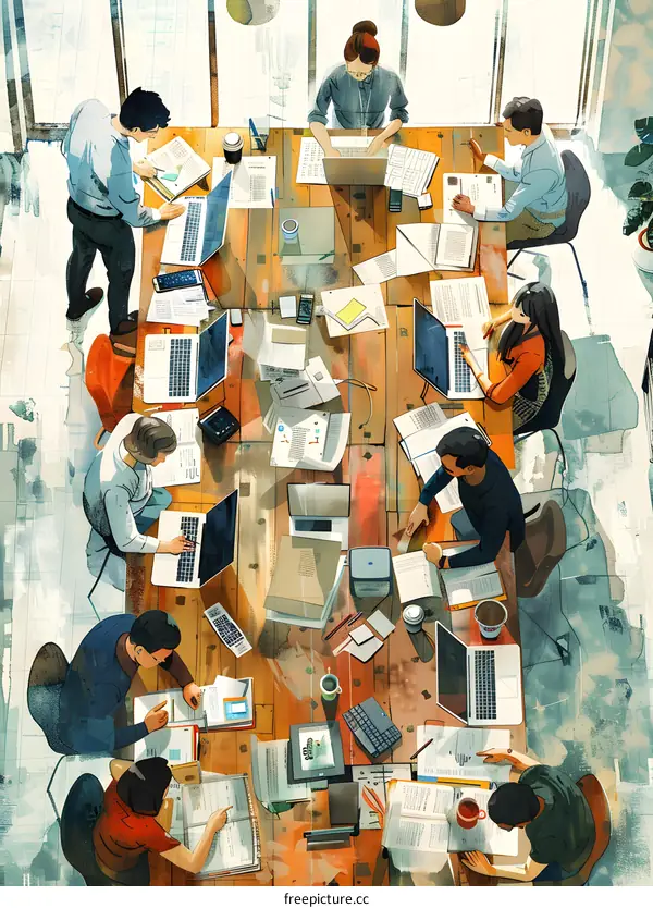A group of people are having a meeting in an office