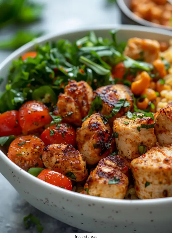 Chicken shawarma bowl with tomatoes, herbs and spices