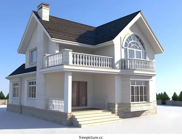 Two Story House with Balcony and White Walls
