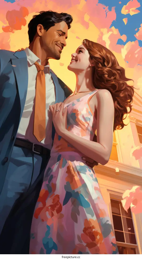 An elegant man and woman in love gaze at each other fondly