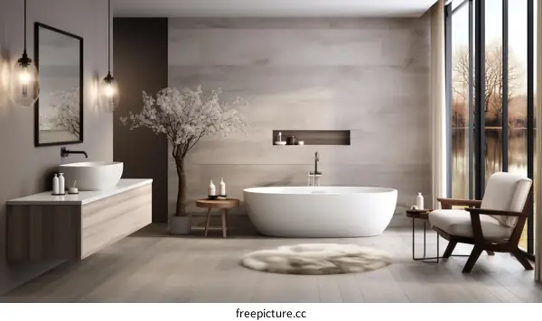 Bathroom interior with a modern and natural aesthetic