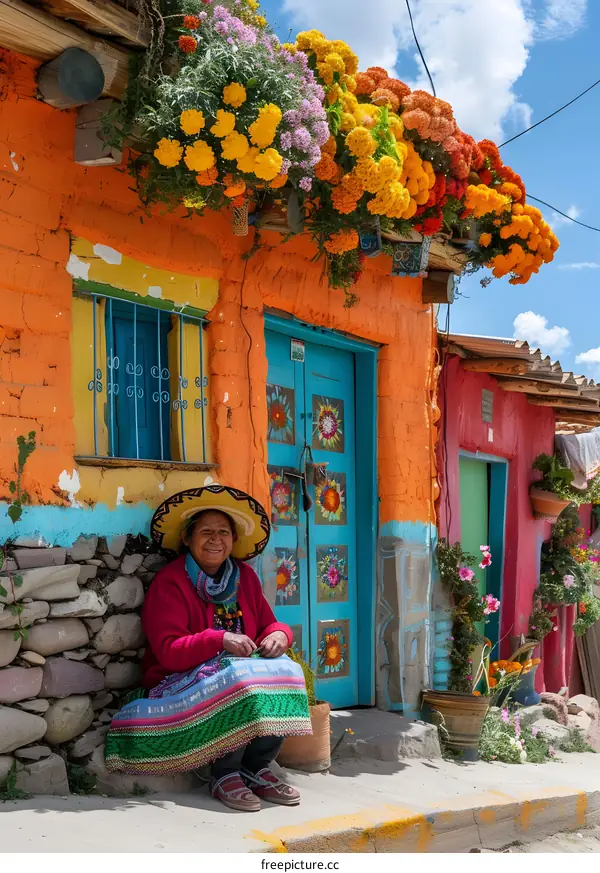 Woman in Traditional Clothing Sitting in Front of a Colorful House