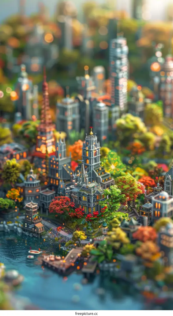 Miniature Cityscape Art Illustration with Autumn Colors