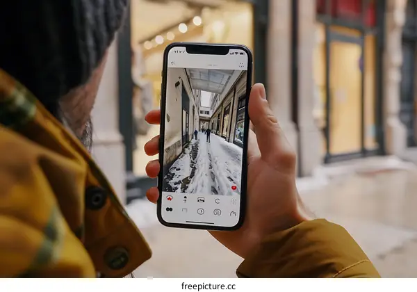 Man Holding Phone Taking Photo of Snowy Alleyway in City