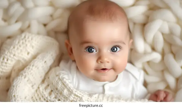 Baby with blue eyes lying on knitted blanket