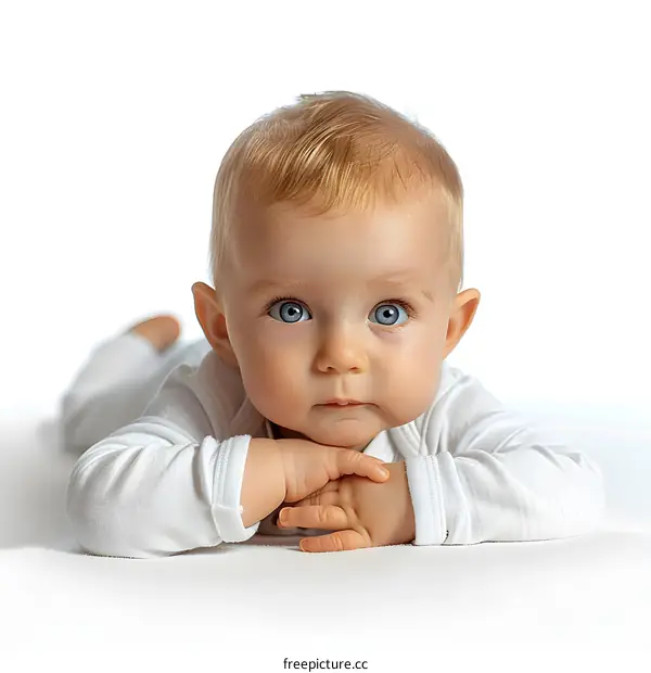 Portrait of Cute Baby Girl with Blue Eyes Looking at Camera