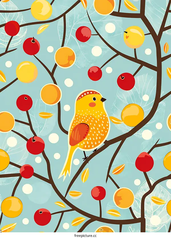 Cute Yellow Bird on Branch with Red Berries and Yellow Leaves Pattern