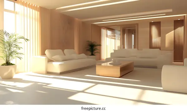 Modern Minimalist Living Room Interior Design with Sunlight and White Sofas