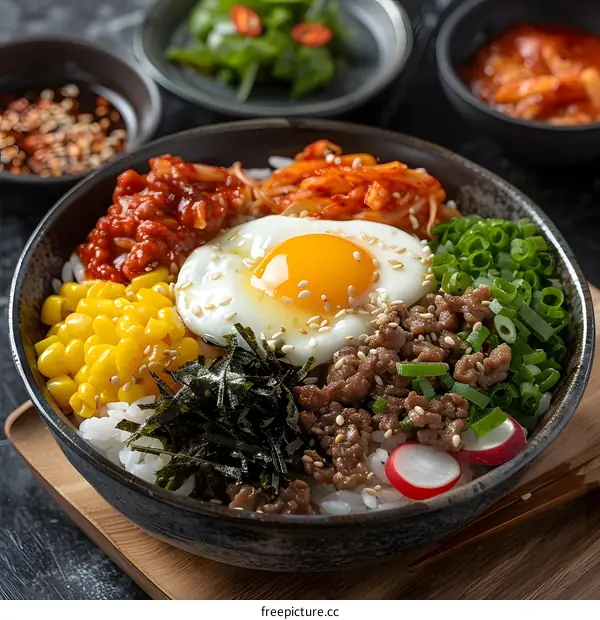 Korean Bibimbap with Ground Beef, Fried Egg, and Vegetables