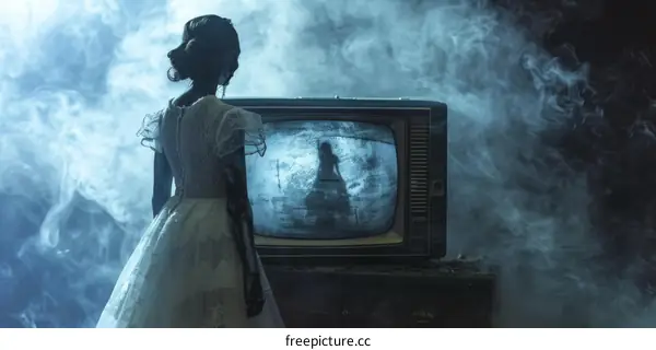 Girl watching a scary movie on TV at night