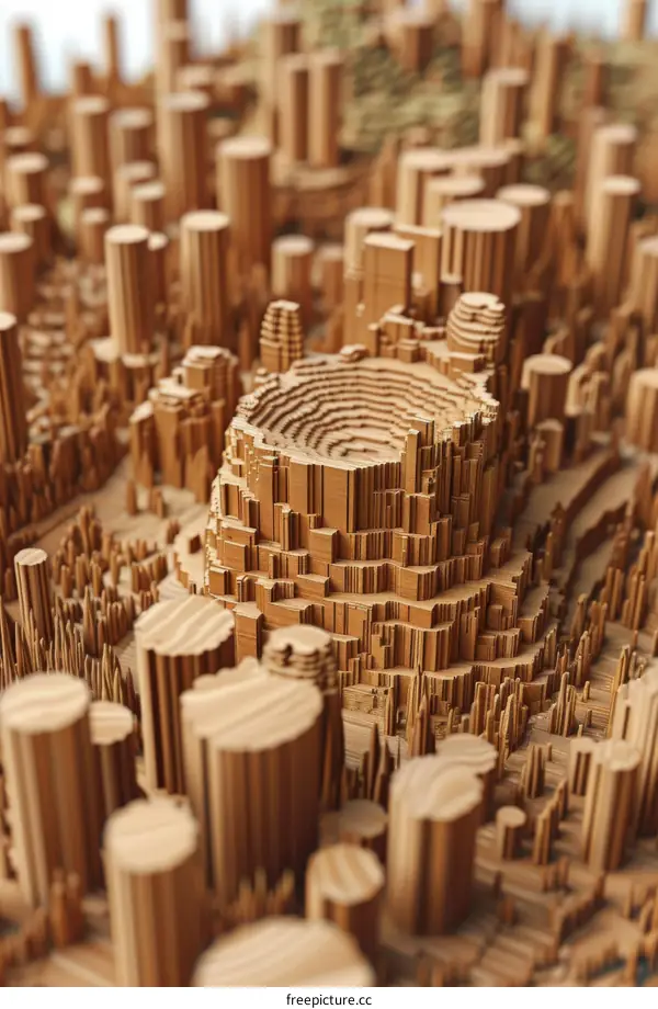 A wooden model of a city with a large crater in the center