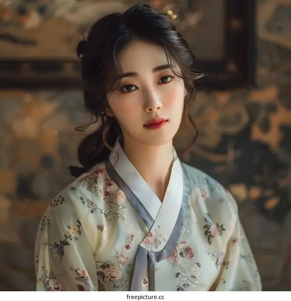 Portrait of a young woman in traditional Korean dress, or Hanbok