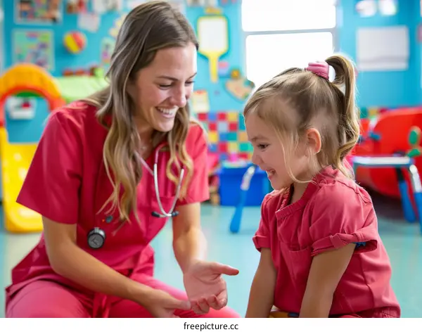 Toddler girl smiling while sitting next to a smiling female nurse