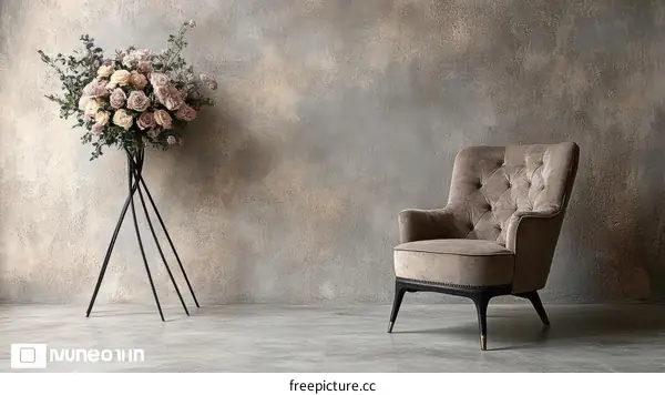 Elegant Interior Design with a Modern Metal Flower Stand and Armchair