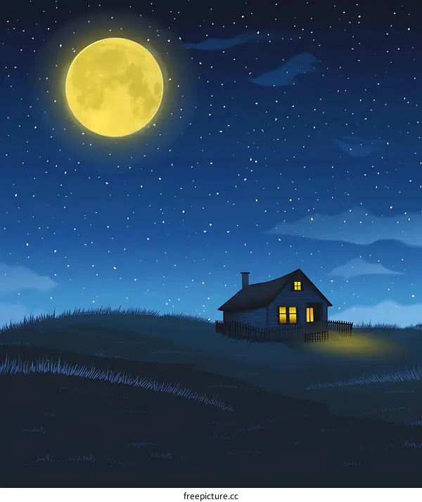 Night Sky with Full Moon and House Illustration