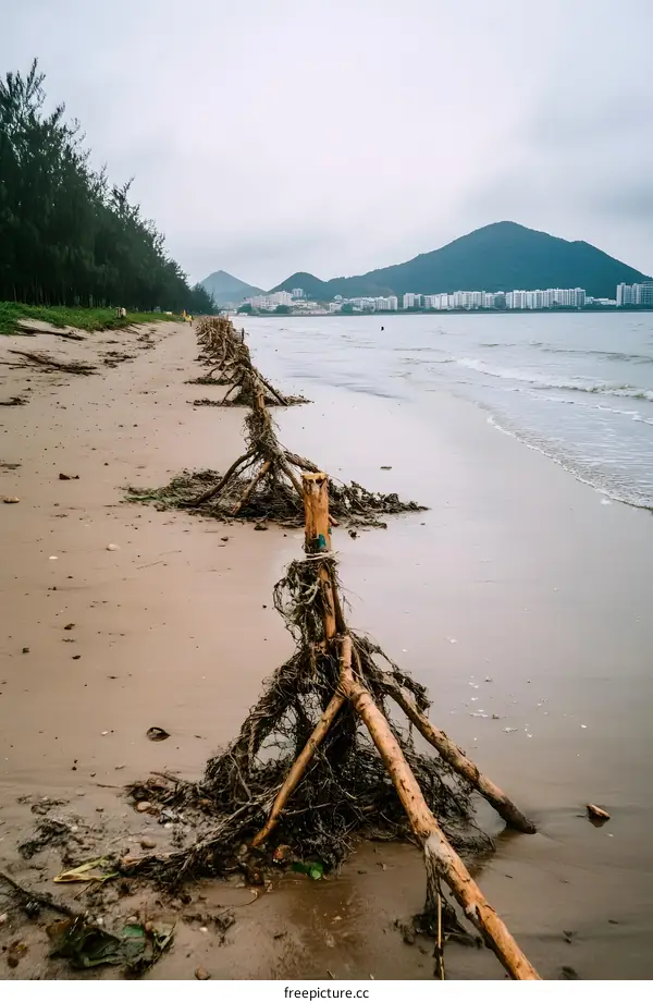 Beach with Wooden Structures and Mountain Background