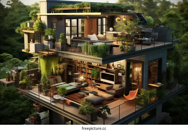 Modern green apartment building with rooftop terrace and lush vegetation