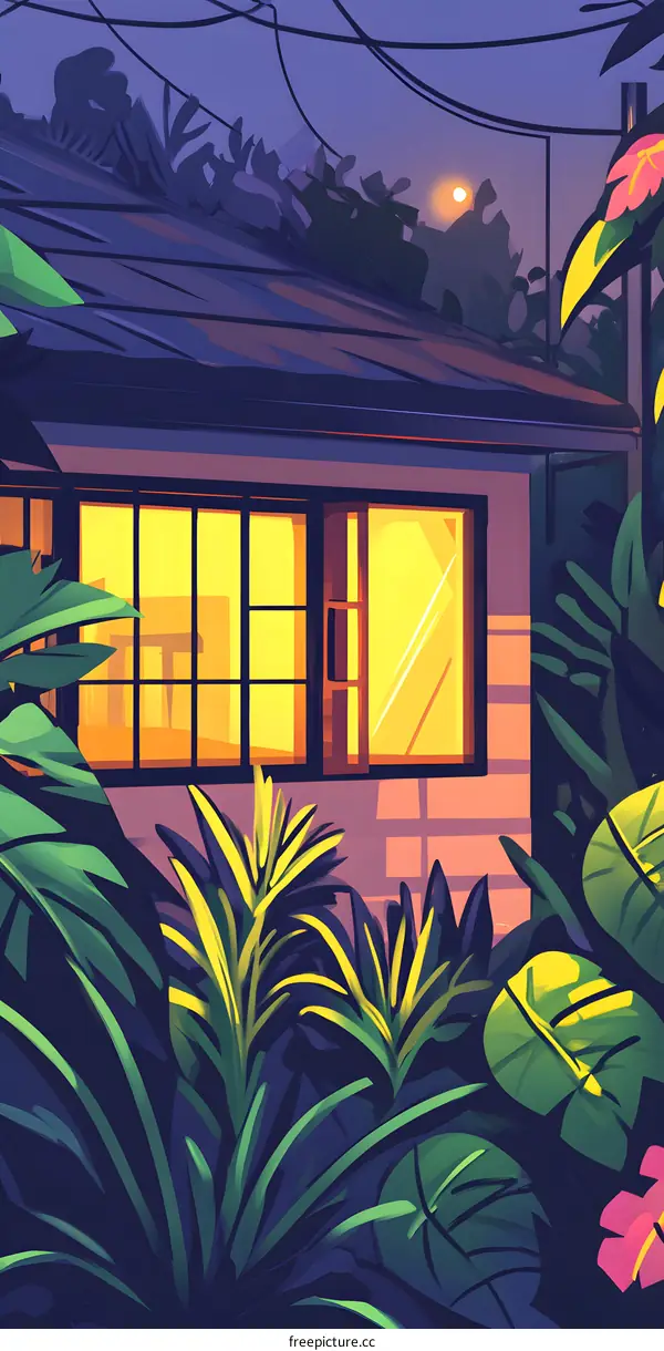 Tropical House With Window In The Night
