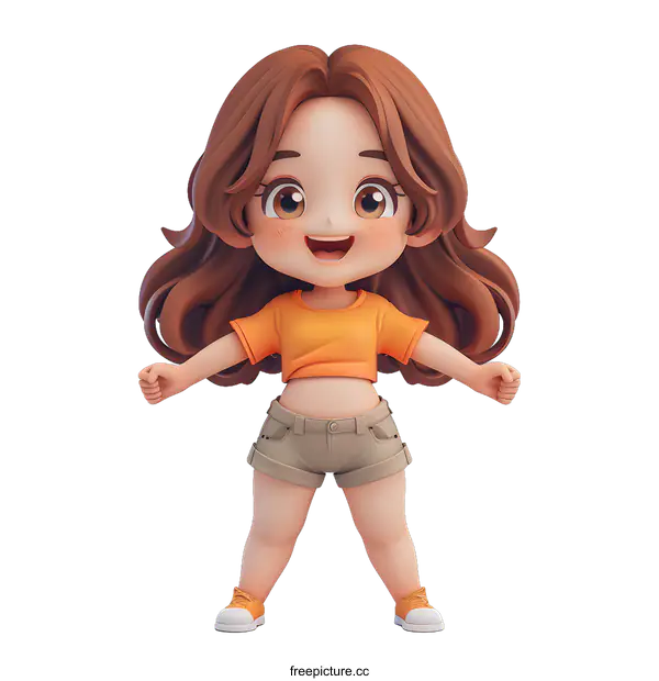 [Transparent Background PNG]Cute Cartoon Girl with Brown Hair and Brown Eyes Wearing an Orange Crop Top and Khaki Shorts