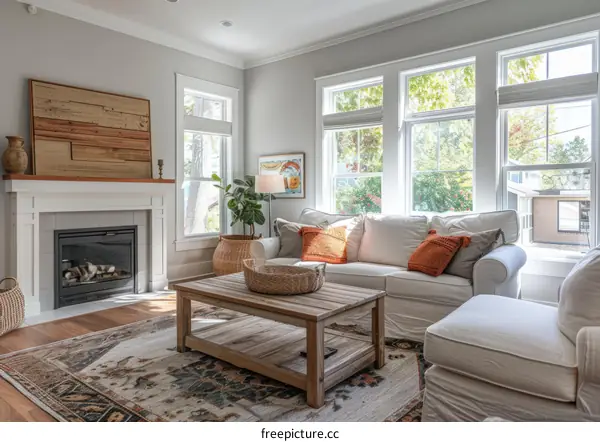 A Cozy Living Room With a Fireplace and Large Windows