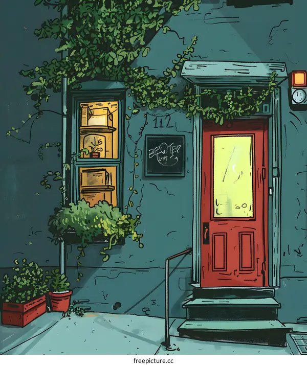 Night Illustration of a Store Front with Green Vines