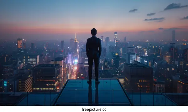 A businessman standing on a rooftop overlooking a city at sunset