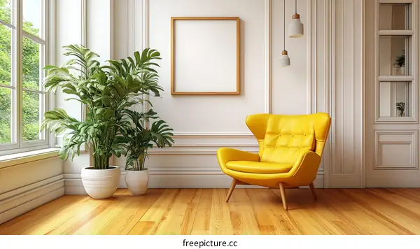 Stylish Interior Design with Yellow Armchair and Plants