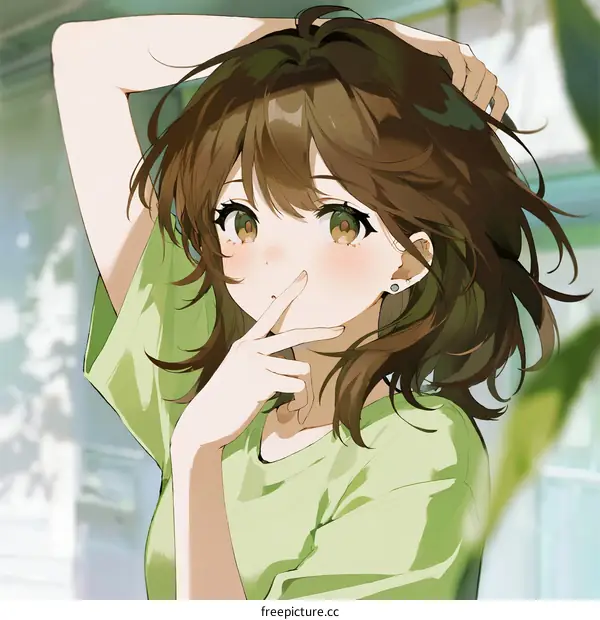 A young woman with brown wavy hair wearing a green T-shirt