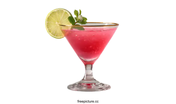 [Transparent Background PNG]Pink Cocktail with Lime and Mint Garnish