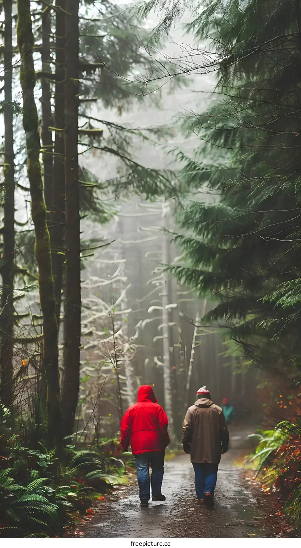Two Hikers Walking Through a Foggy Forest