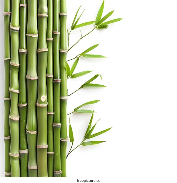 Green bamboo stalks with leaves on white background