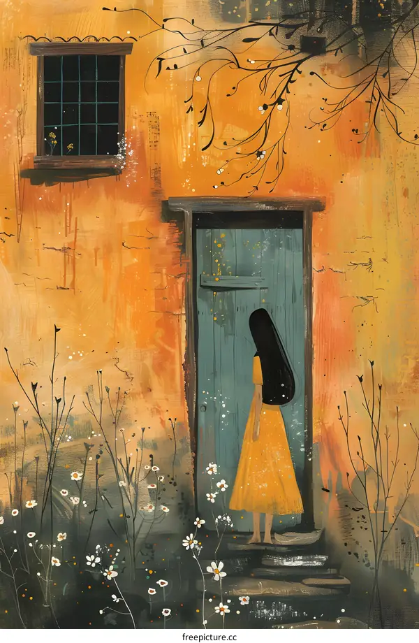 girl in yellow dress standing in front of blue door