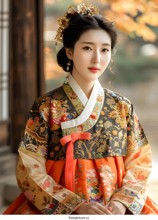 Portrait of a young woman in traditional Korean dress, the hanbok