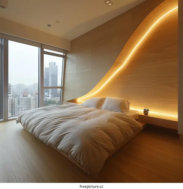 Inviting Wood Bedroom with Comfortable Bed and Cityscape Views