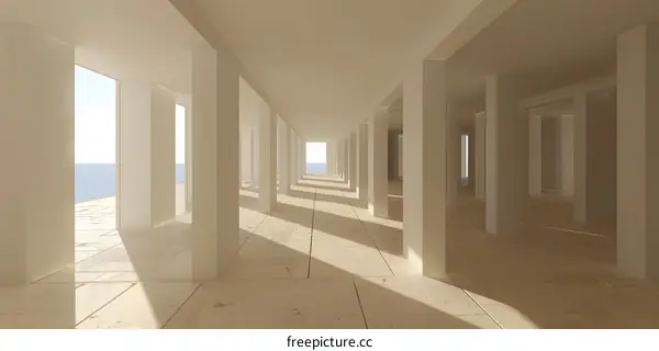 Minimalist Architecture Hallway with Sunlight and Ocean View
