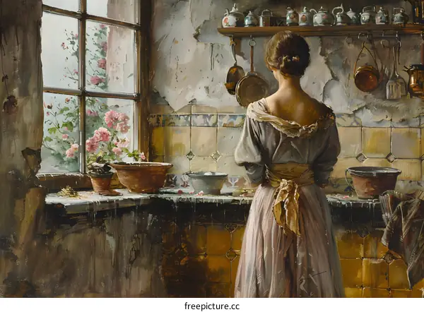 Woman in a Kitchen with a View of Flowers